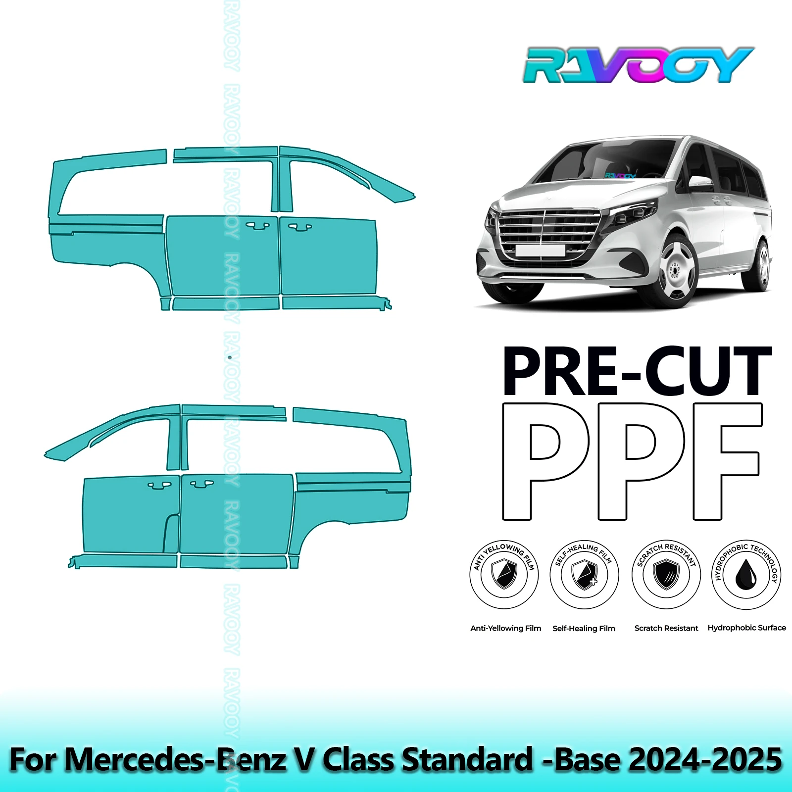

For Mercedes-Benz V Class Standard -Base 2024-2025 8.5mil Pre-Cut PPF Door & A/B Pillar Kit TPU Paint Protection Film Set
