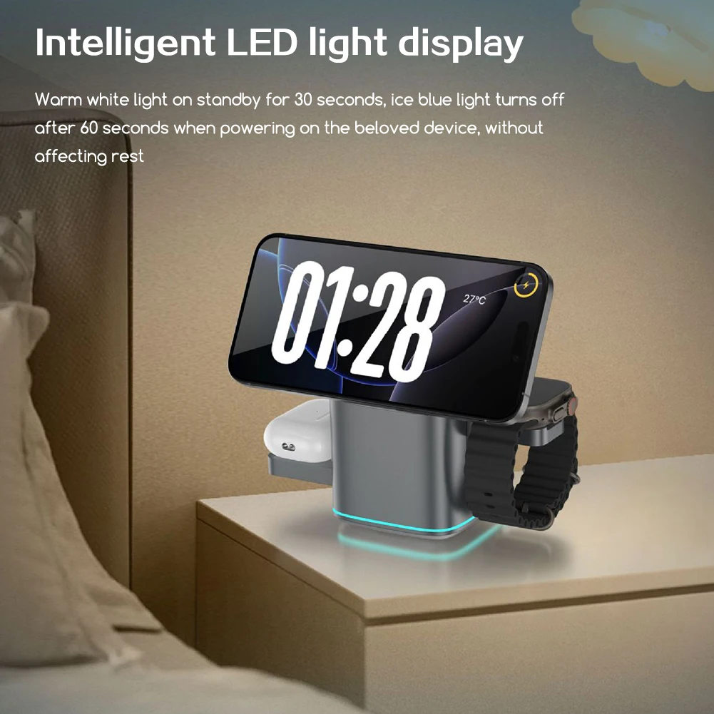 Auto Rotation 3 In 1 Charging Stand Multi-Purpose Sturdy Phones Charger For Phone Watch Earphone