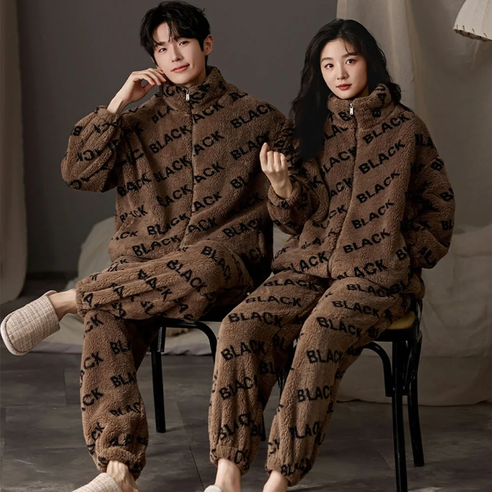 

Fashion Letter Print Zipper Couple Sleepwear Men's Winter Sleeping Pajamas Set Thicken Flannel Warm Comfortable Plush Pijamas