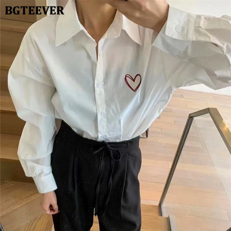 BGTEEVER Fashion Lapel Heart Embroidery Printed White Shirts for Women Full Sleeve Single-breasted Ladies Blouses Autumn