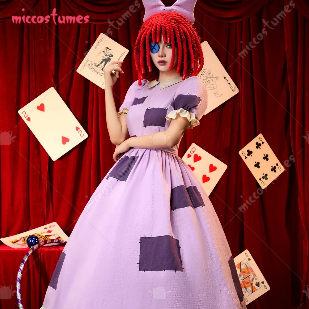 【Ready for Ship】Cosplay.fm Women's Cosplay Costume Rag Doll Purple Patchwork Dress with Belt and Braids Hair Accessories view 2