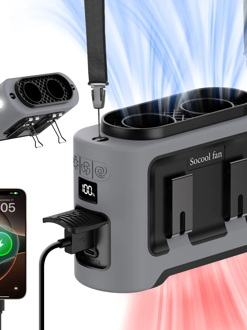 

Портативный поясной вентилятор 14500 мАч с двойным выходом воздуха, турбомоторами, четырьмя клипсами, аварийным фонариком и функцией Power Bank для использования на улице