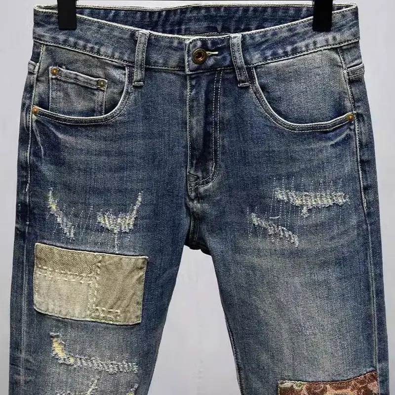 Fashion Streetwear Men Jeans Retro Washed Blue Stretch Slim Fit Ripped Jeans Men Patched Designer Hip Hop Denim Pants Hombre