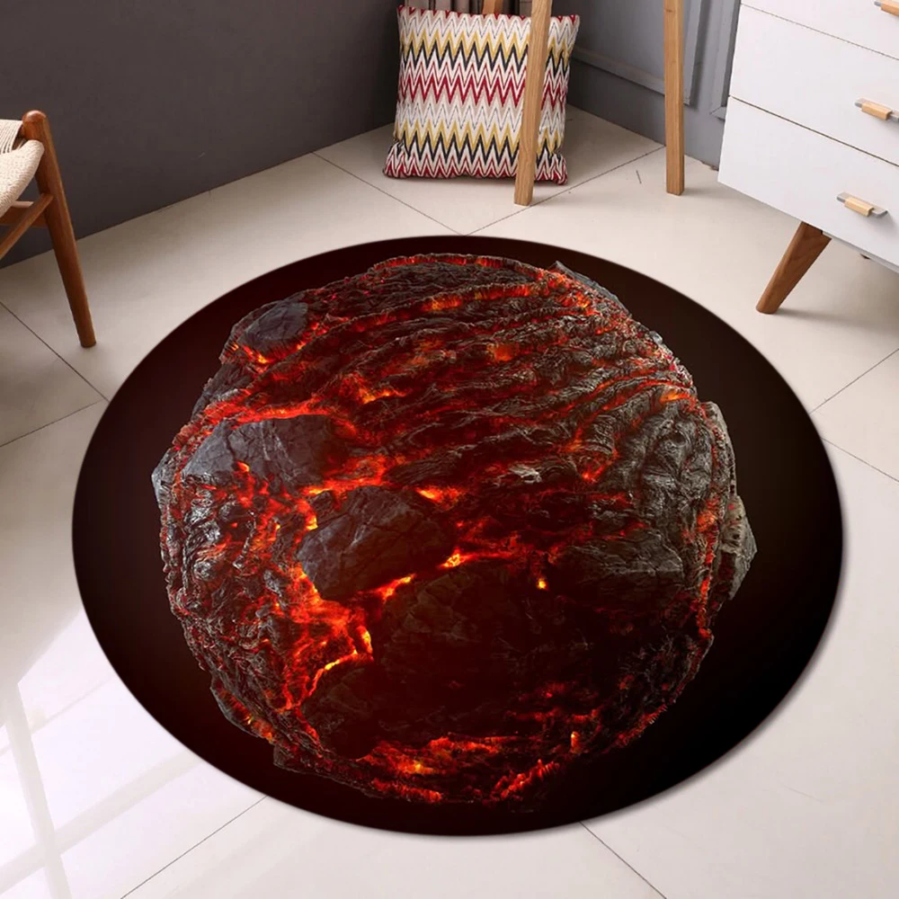 Burning Earth Globe Round Rug Climate Change Awareness Carpet with Flames Map Non-Slip Home Decor Floor Mat for Living Room