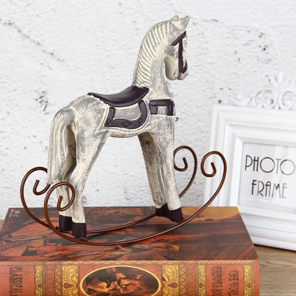 Nordic Wooden Rocking Horse Statue Wedding Decor Wood Horse Crafts Living Room Ornament Kids Toys