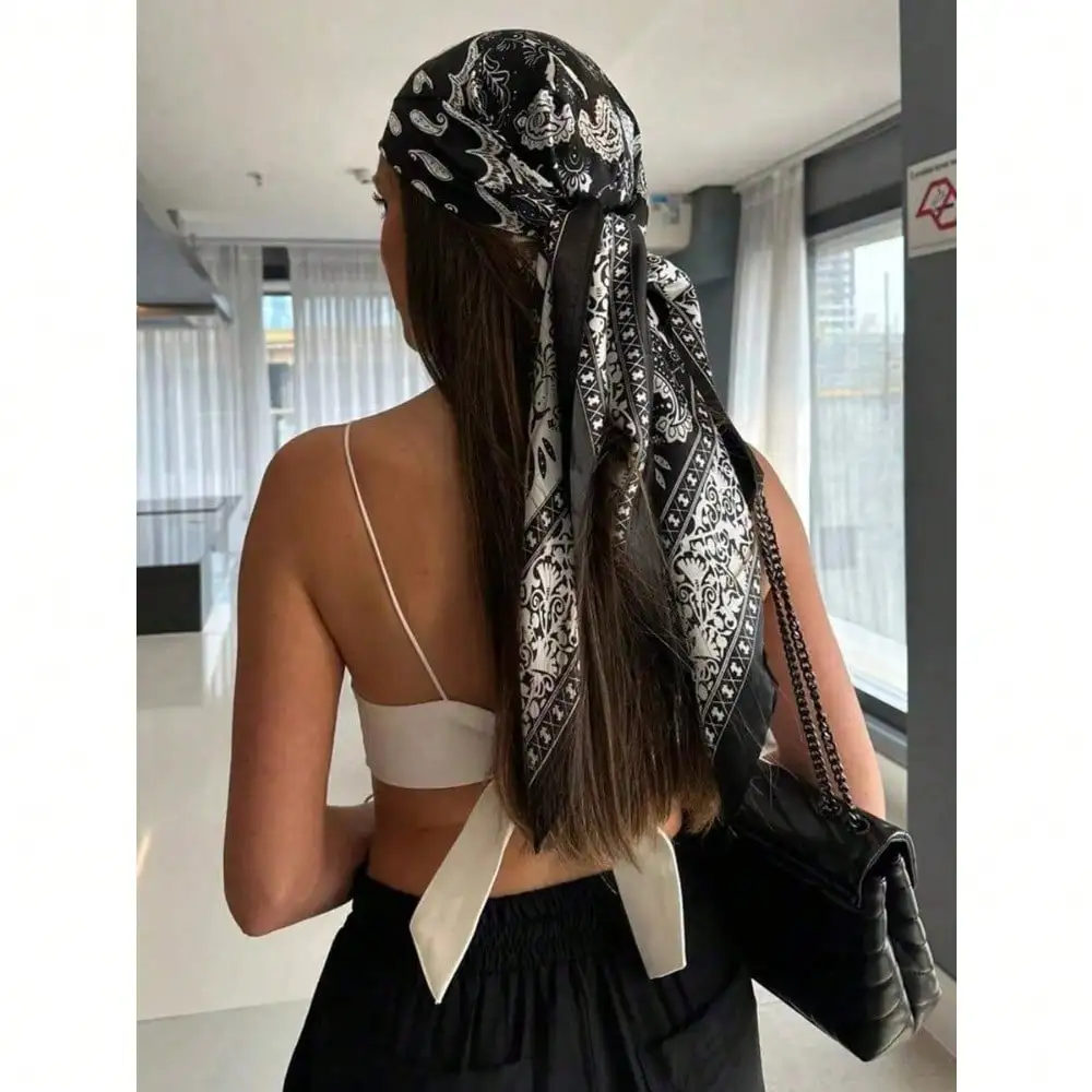 

1PC Women's Red & White Paisley Printed Bandana, 90CM Large Satin Square Scarf, Silk-Feel Hair Wrap,