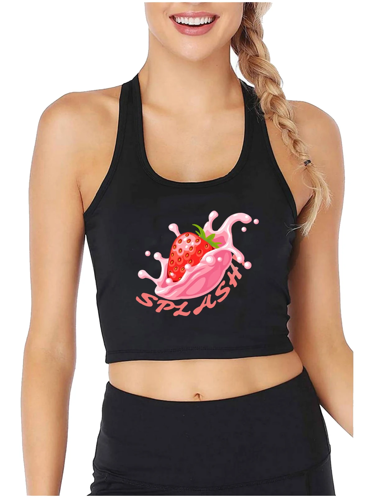 

Strawberry Milk Splash Graphic Sexy Crop Top Girl's Fashion Novelty Quality Cotton Tank Top Customizable Anime Style Camisole