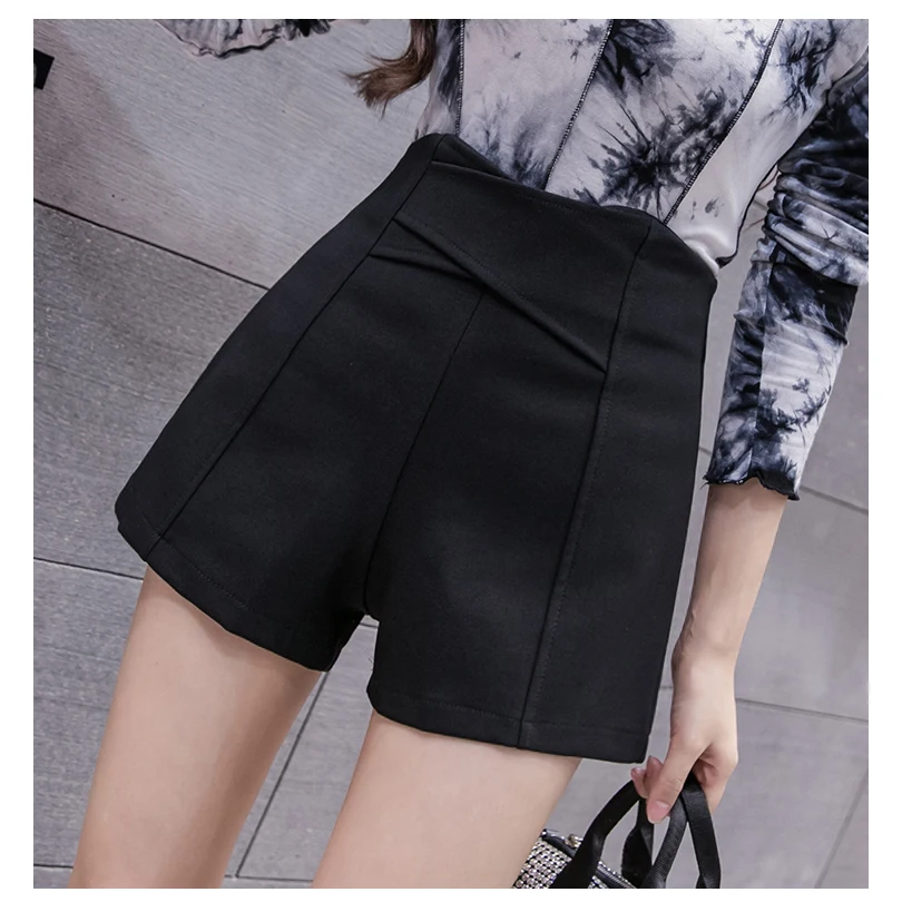 

Женские шорты с высокой талией, облегающие, черные, эластичные, больших размеров, модные, повседневные, прямого кроя, на молнии