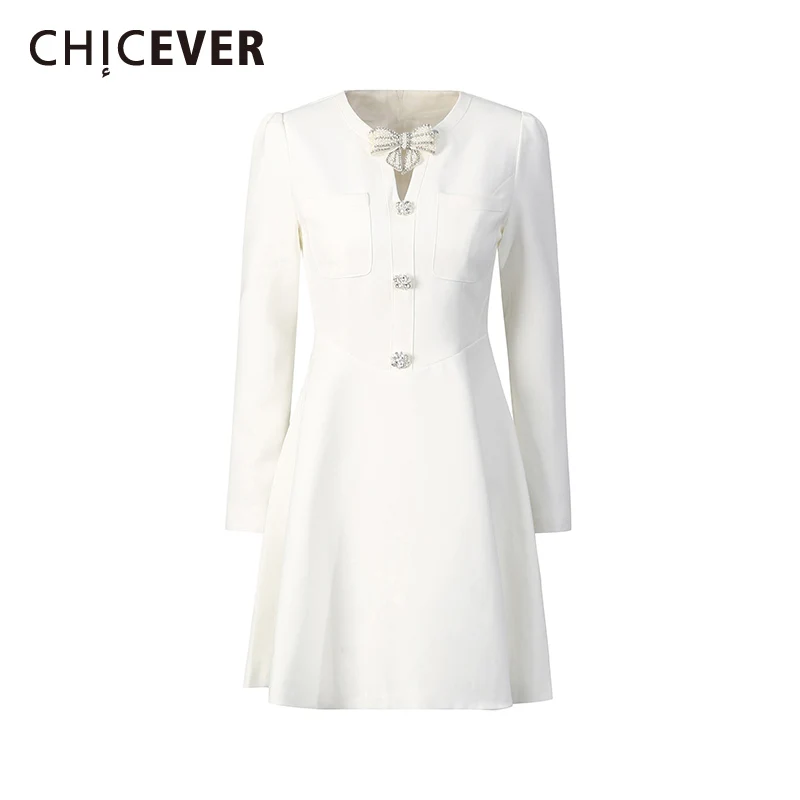 CHICEVER Solid Spliced Bow Chic Dress Female O Neck Long Sleeve Slimming Gentle Intellectual Women's Dresses Fashion New Style