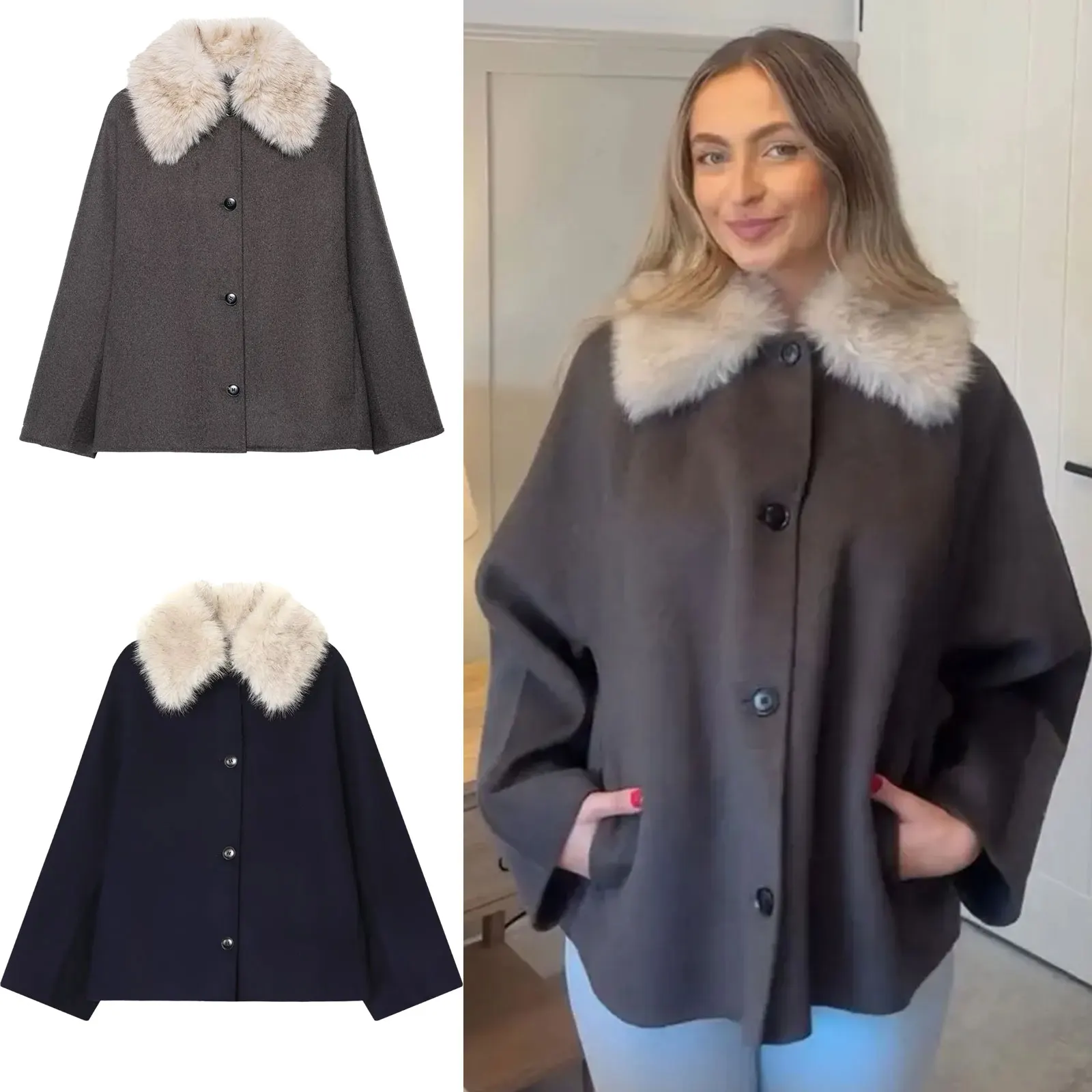 

HH Осенние однотонные пальто в стиле ретро для женщин с карманами, однобортные, с длинными рукавами, повседневная верхняя одежда с лацканами из искусственного меха, элегантные куртки