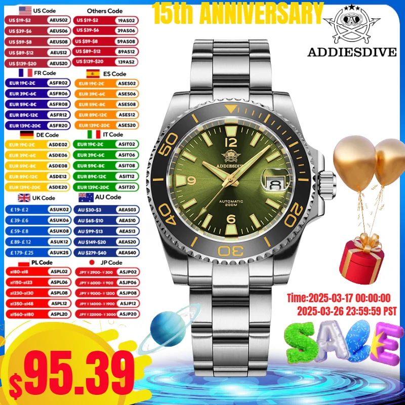 

ADDIESDIVE 2025 NEW Automatic Mechanical Watch 20Bar Diver Sapphire Glass C3 Green Luminous Japan NH35A Men Diving Watch reloj