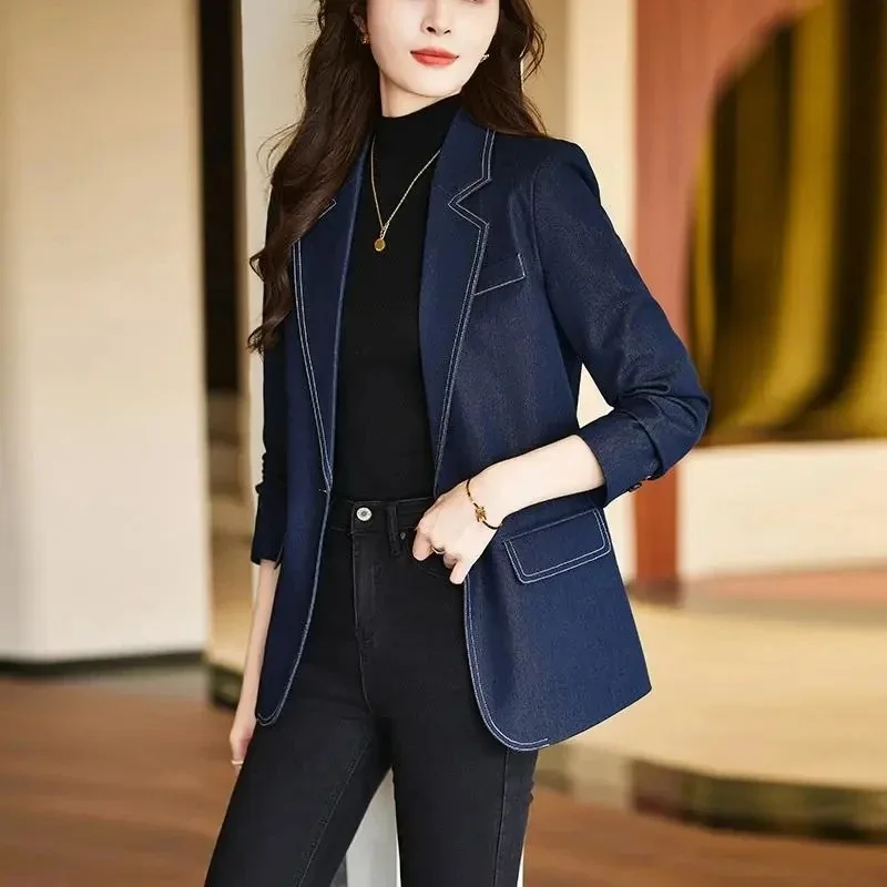 

2024 New Temperament Popular Blazer Navy Blue Small Suit Women Jacket Spring Autumn Female Coat Casual Overcoat Ladies Tops