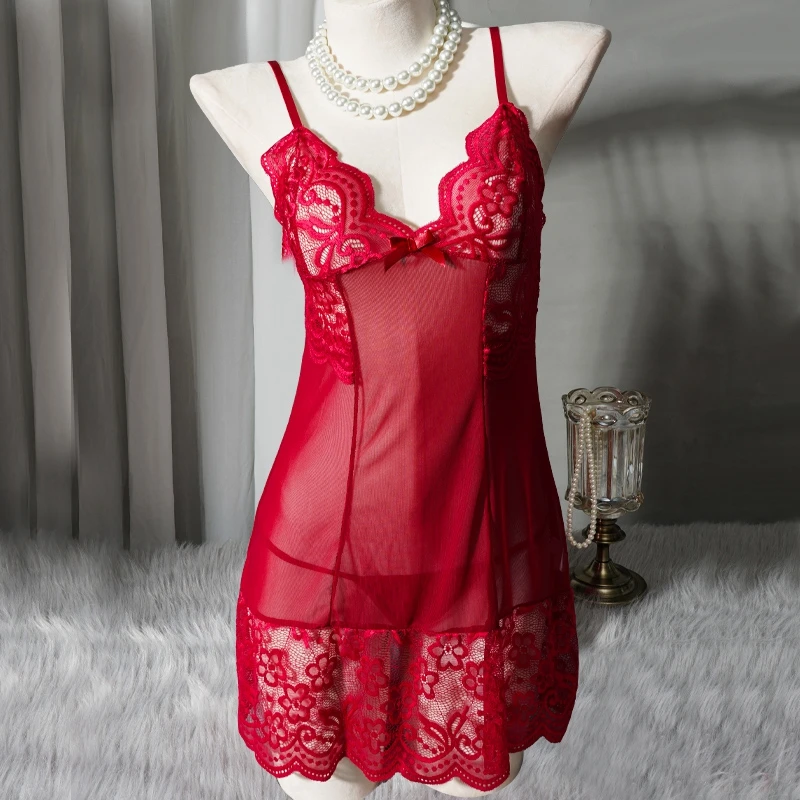 

Sexy Mesh Hollow Out Nightdress Suit Women Lace Camisole Dress Perspective Seductive Nightgown Pure Desire Female Sleepwear