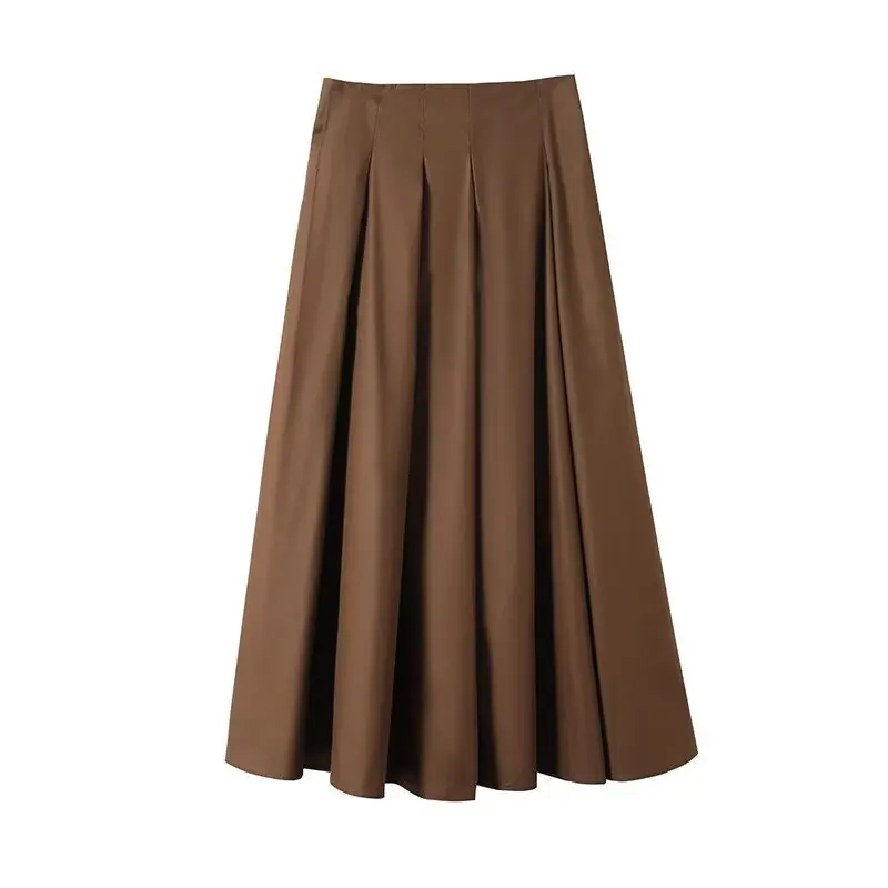 

Woman's Retro Midi Skirt Loose High Waist Solid Color Mid-length A-line Pleated Skirt Simple Early Autumn Female Chic Skirt