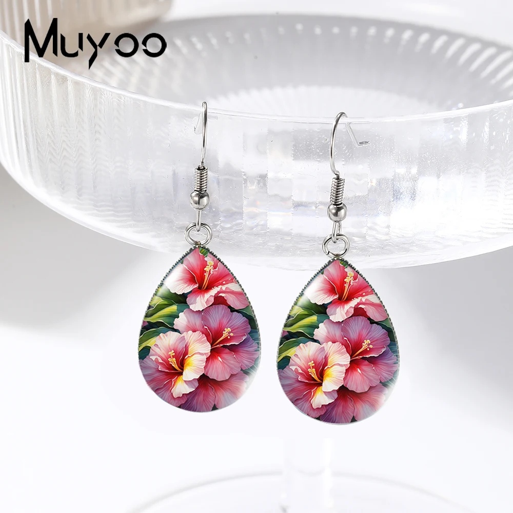 2025 New Hibiscus Flowers Tear drop Earring Fish hook Earring Glass Dome Jewelry Handmade Earrings