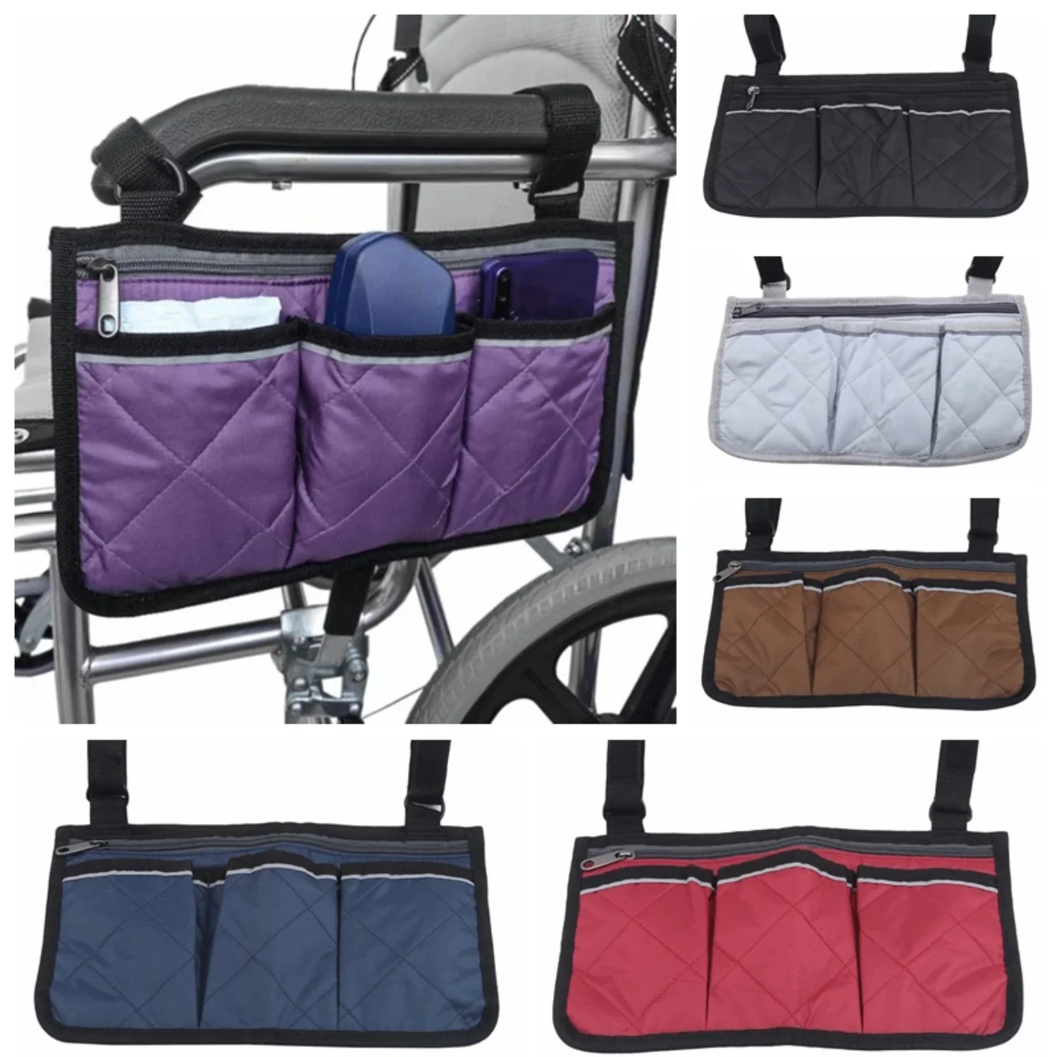 

Wheelchair Armrest Reflective Strips Multiple Pockets Convenient Practical Supplies Side Pockets