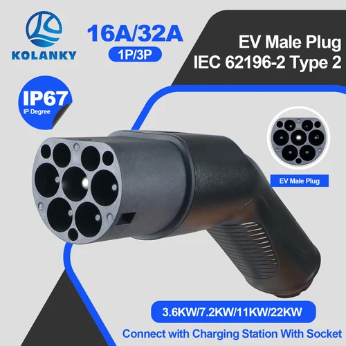 Kolanky Type2 EVS macho EV cargador enchufe conectar a la estación de carga EV 1/3 fase 16/32A IEC 62196-2 EV conector de cargador 22KW máximo