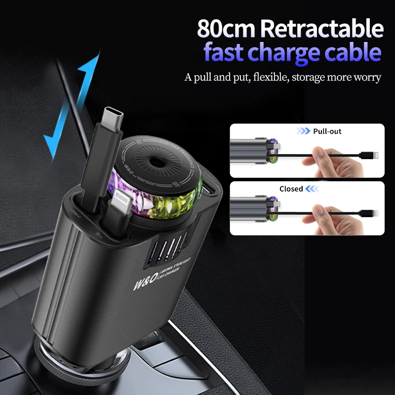 5-in-1 PD45W Car Fast Charger USB Type-C Power Adapter Retractable Phone Charger With Roof Starlight Aromatherapy For IOS Androi