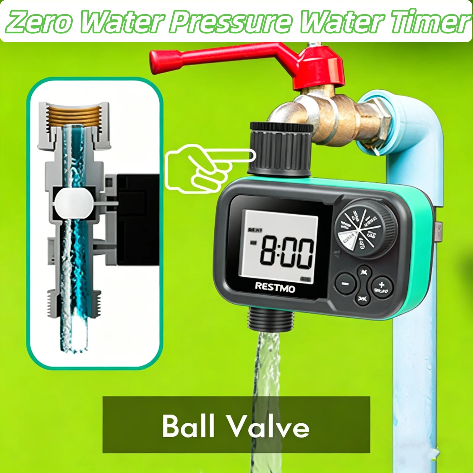 

Таймер полива 2PK Zero Water Pressure с шаровым краном для садового шланга, уличного крана, полива газона, водонепроницаемый IP54