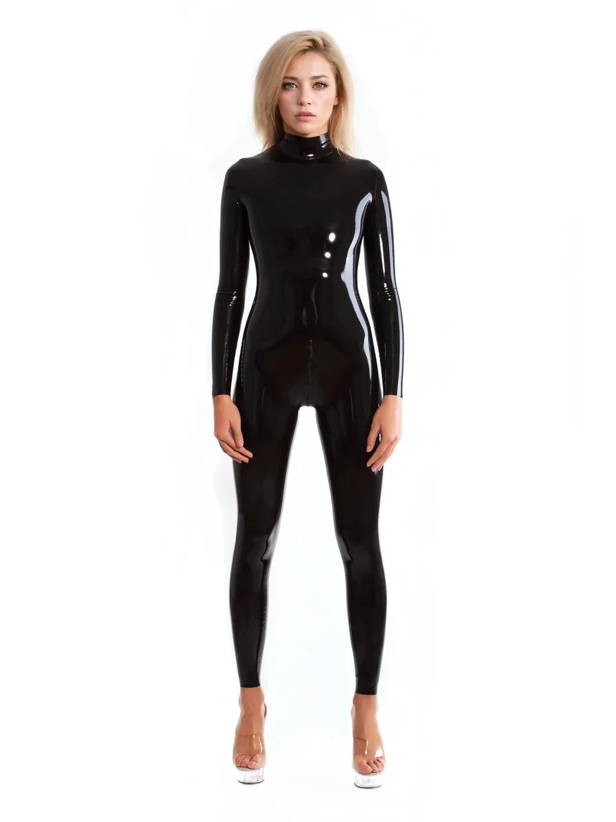 Maßgeschneiderter Rollkragen-Catsuit aus 100 % Gummi, schwarzer Latex, handgefertigt, sexy Club-Kleidung, Cosplay