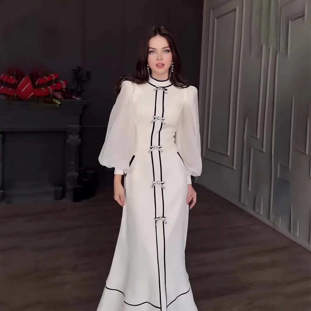 

Bows Patchwork Long Dress Women Spring Autumn Lantern Sleeves Mock Neck Elegant Dress Fashion Lady Formal Dress Robes