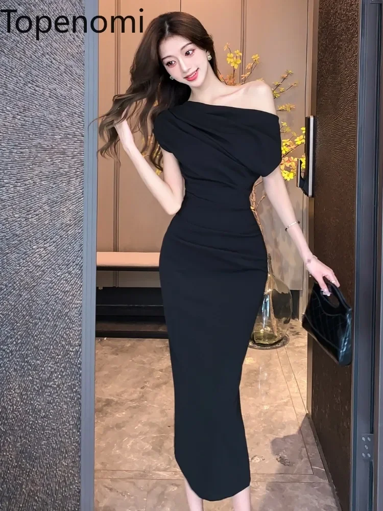 Topenomi Black Party Dress Women French Elegant High Waist Temperament Folds Slim Evening Gown Simple Night Cocktail Vestidos