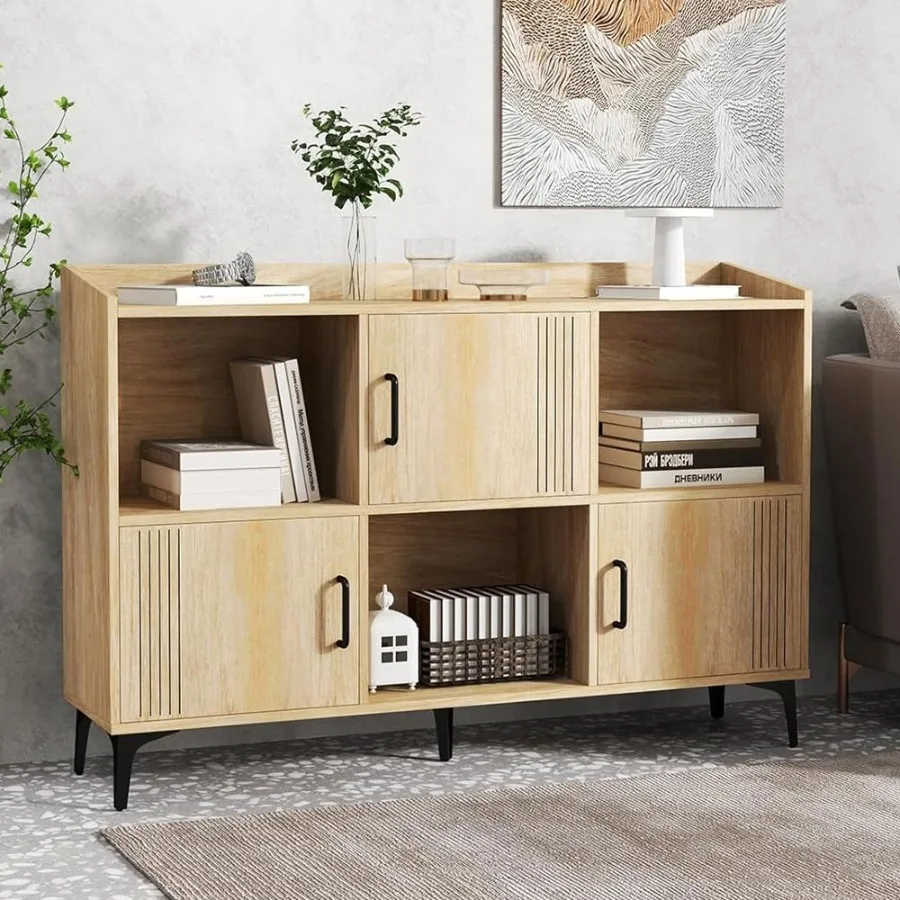 

Sideboard Storage Cabinet Bookcase with 3 Doors and Open Compartments