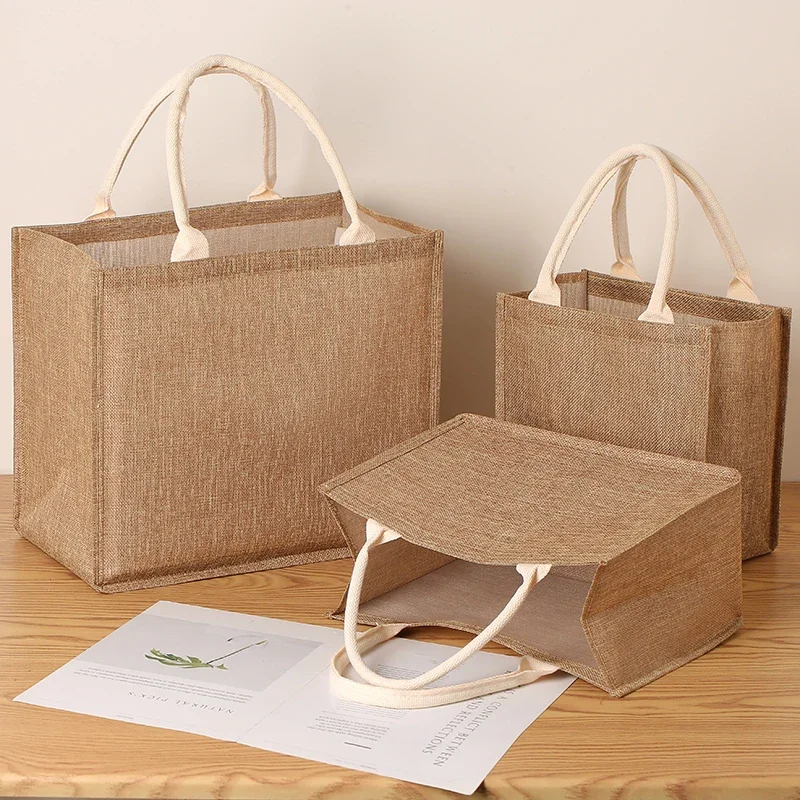 

Solid color vintage handbag shopping bag reusable imitation linen large capacity shopping storage bag for outdoor use