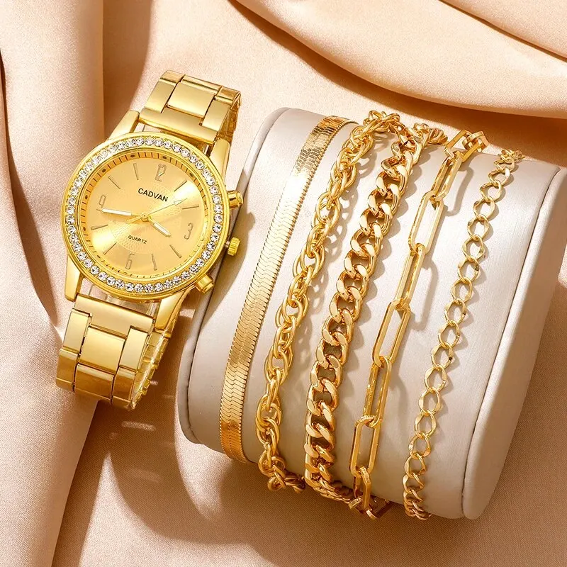 Luxury Gold Quartz Watch With Bracelet For Women Casual Fashion Round Simple Watch Dainty Wheat Bracelets Set Montre Femme