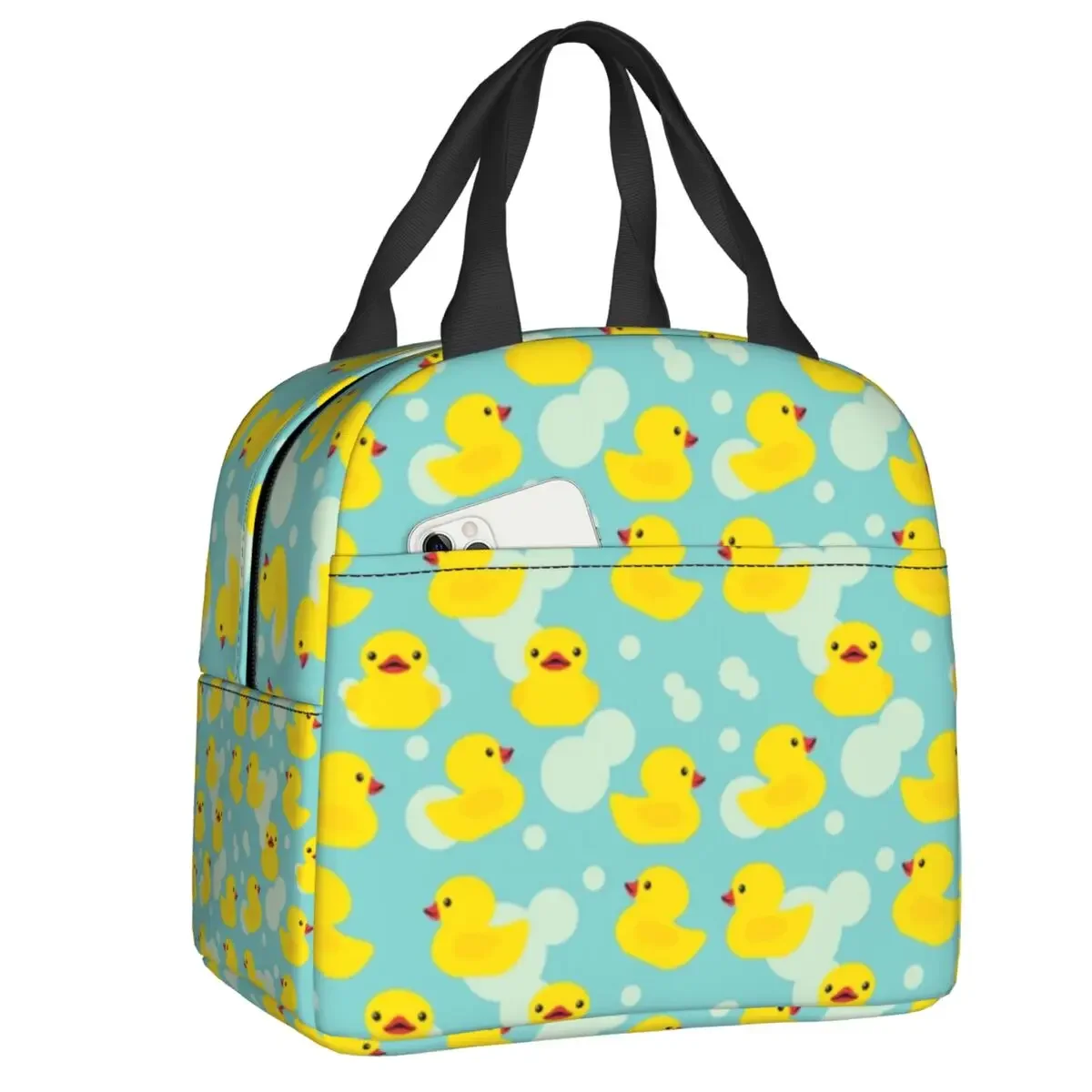 Custom Cute Cartoon Yellow Rubber Duck Pattern Portable Lunch Box Leakproof Cooler Thermal Food Insulated  Bag Office Work