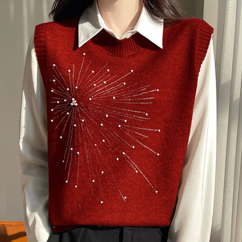 New Spring Autumn Round Neck Sleeveless Knit Vest - Solid Color Beaded Design Versatile Loose Fit Base Layer