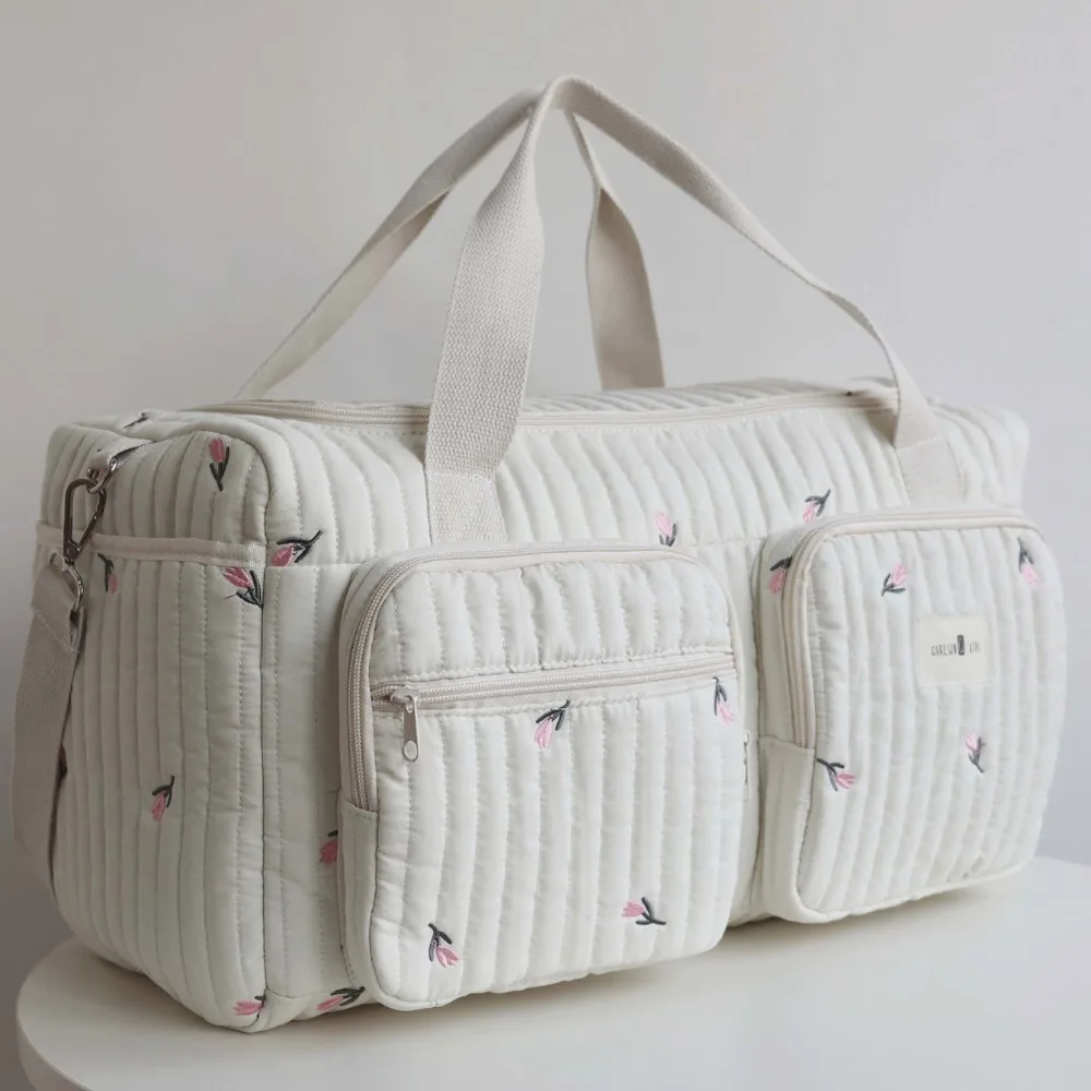 Borsa per pannolini ricamata con orsetto carino, leggera e pratica borsa per il cambio dei pannolini, per il tempo libero con borsa per bagagli con tracolla