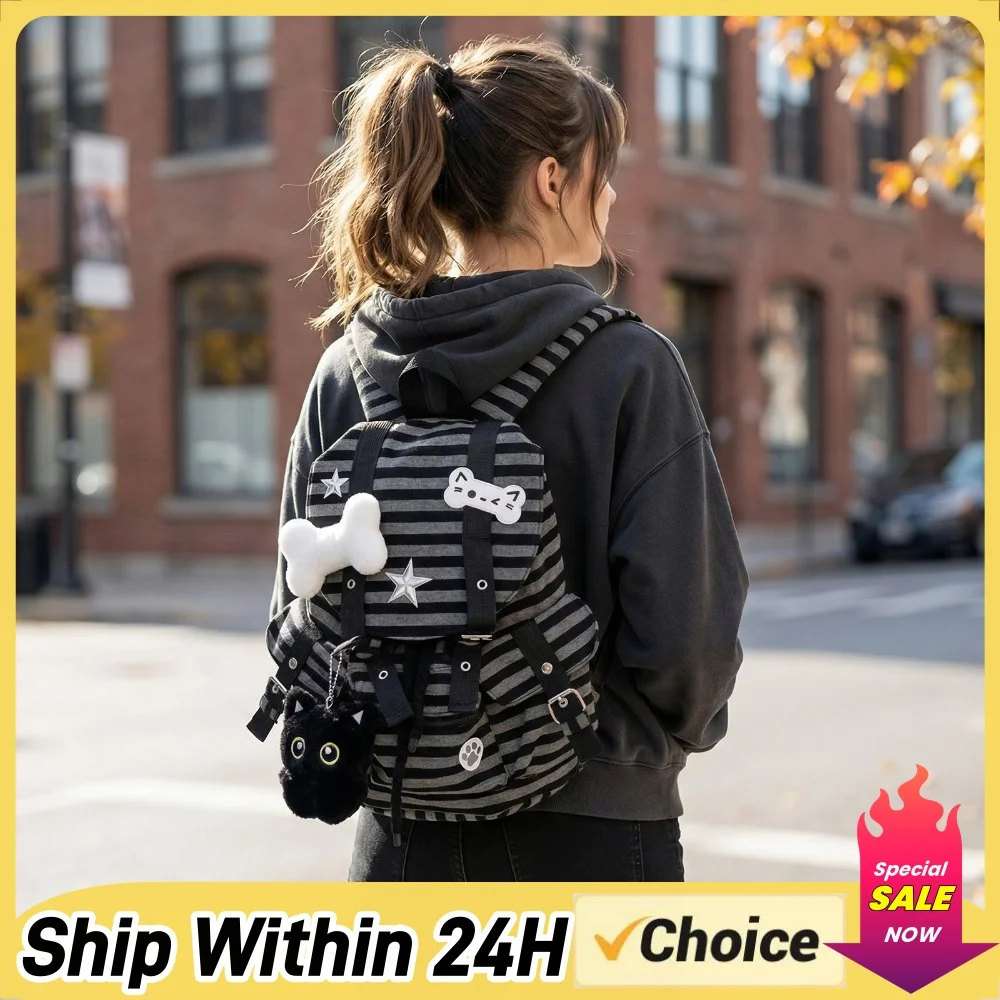 Korean Style Striped Backpack Cute Y2k Casual Drawstring Student Bags Large Capacity K-pop Girl Women's Bag for Travel Vacation