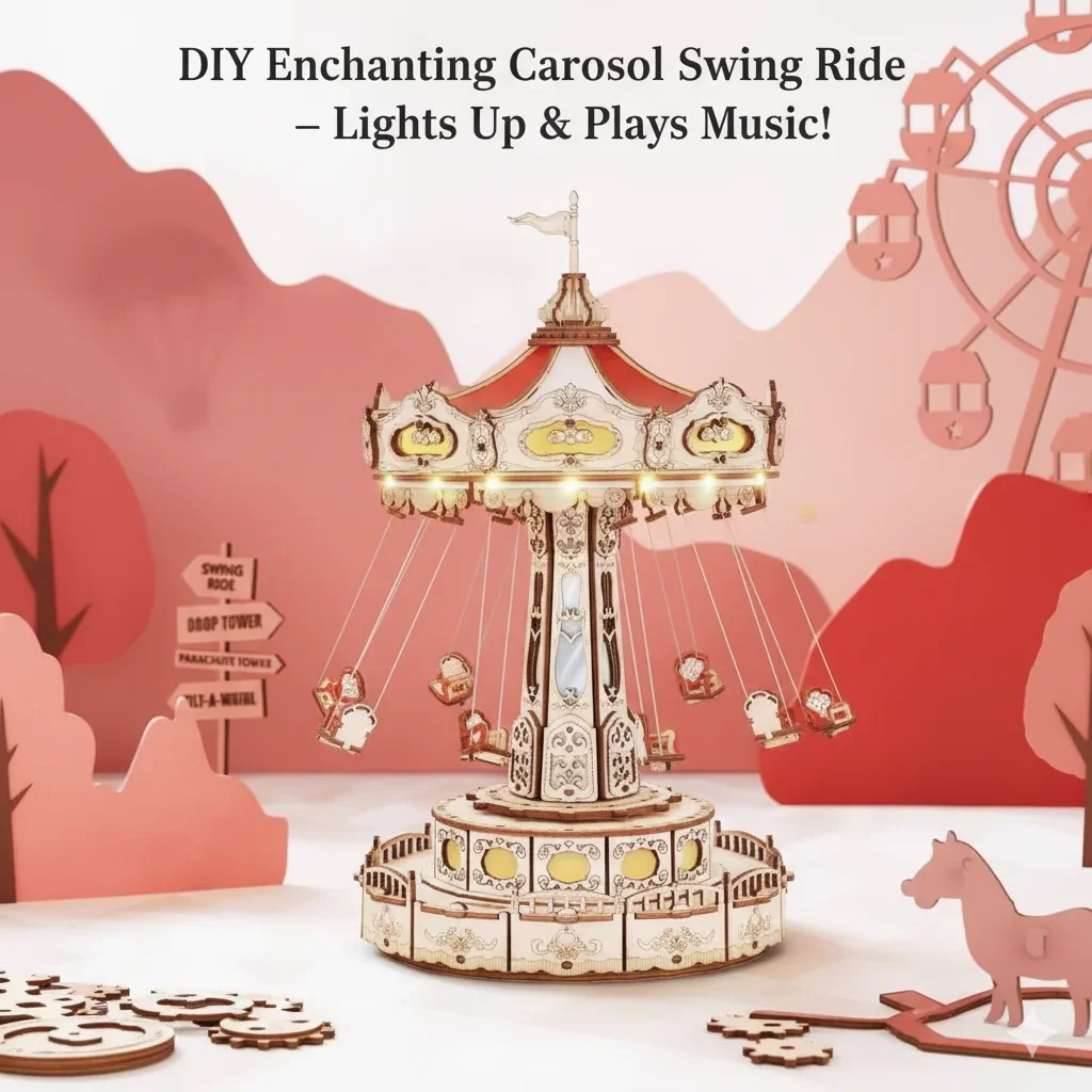 DIY Wooden Music Box Puzzle Swing Ride Amusement Park Model Kit For Children Easy Assembly Birthday Christmas Gift Toy