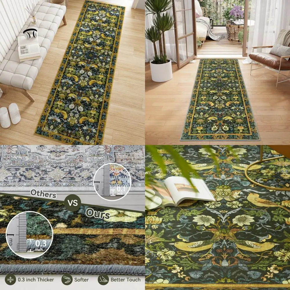

Boho Washable Kitchen Rug, 2.5'x8' Non-Slip Soft Low Pile, Indoor for Hallway, Living Room, Bedroom, Stair Carpet, Dark Green, S