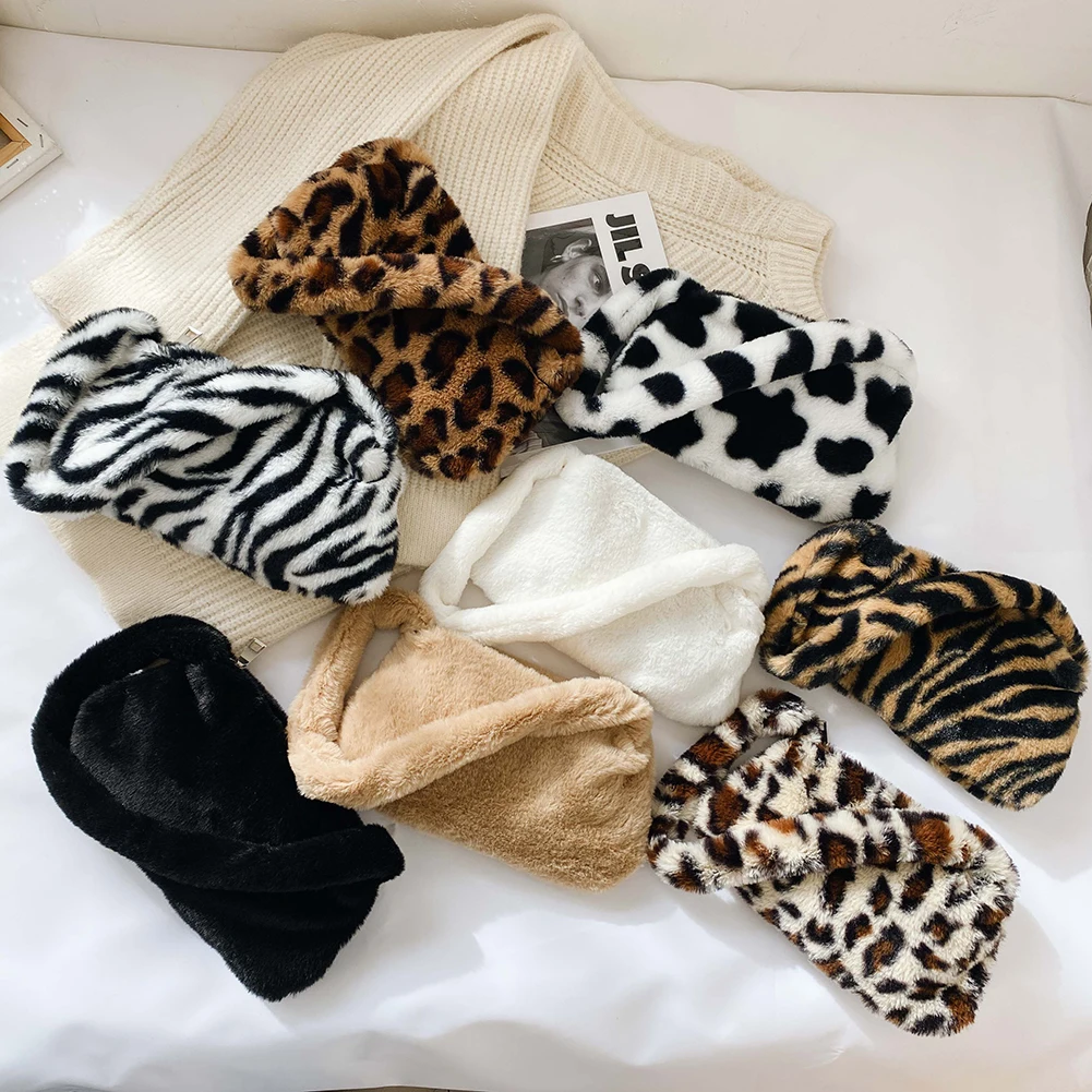 Fashion Women Leopard Zebra Pattern Mini Shoulder Bag Cow Print Clutch Winter Plush Underarm Bags Female Fluffy Tote Small Purse