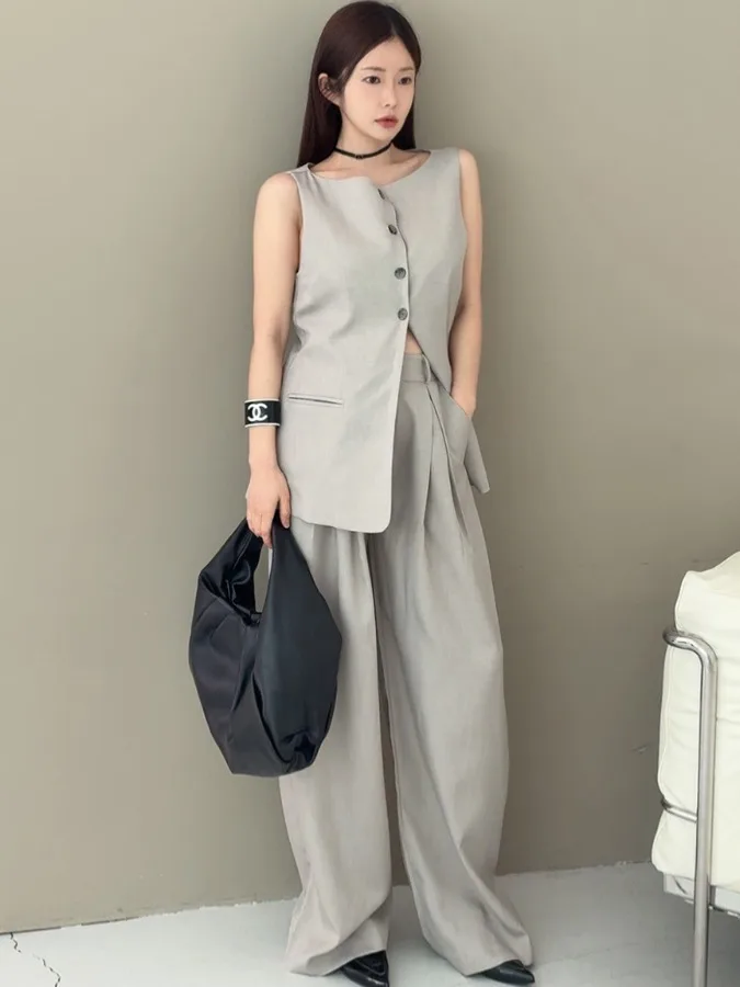 

Ele женский костюм, жилет с высокой талией, повседневный свободный крой, летние новые универсальные плиссированные длинные брюки, модный трикотаж