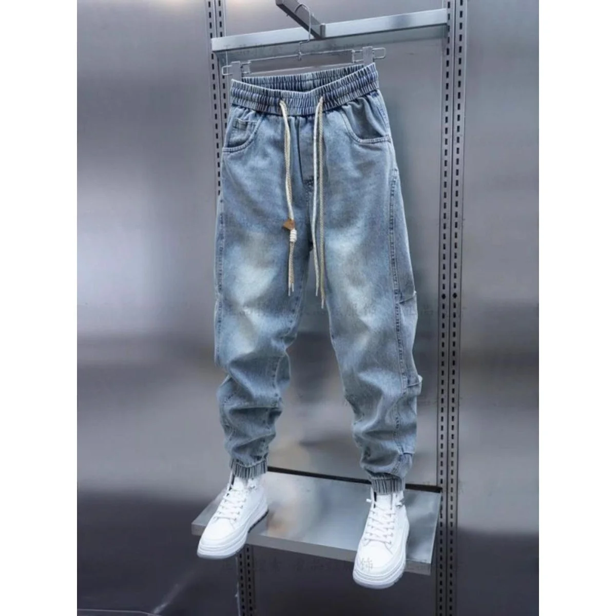 

Trendy Loose Fit Men's Jeans mid Waist Cotton Polyester Blend Lightweight Blue Harem Pants Elastic Waist Straight Leg Jeans
