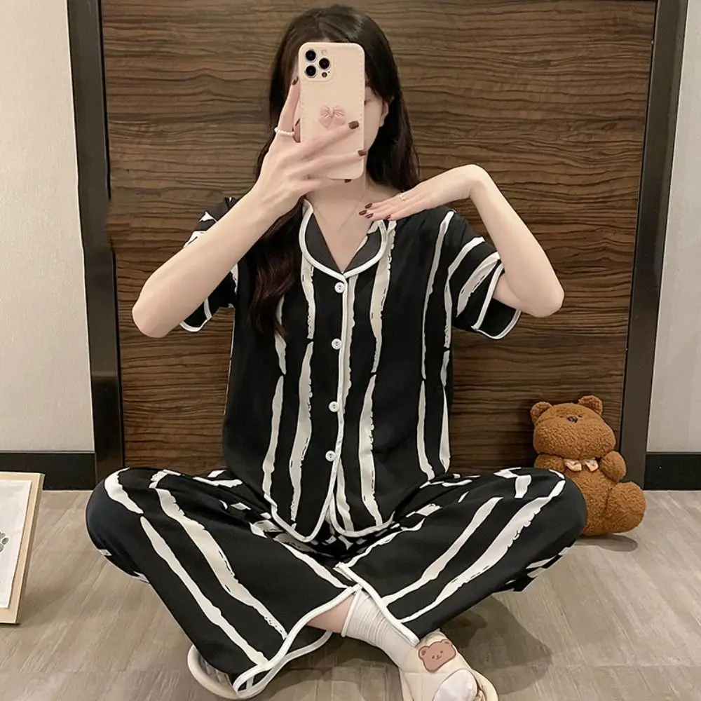 

Casual Stripe Bowknot Pajamas Suit Short Sleeve Lapel Collar Women Sleepwear Set Ice Silk Homewear Three Pieces Nightwear Gifts