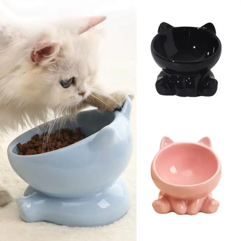 Elevated Cat Bowls Cute Feeding Raised Pet Food Bowls Cat Food Dish Anti-Vomiting Neck Protection Slanted Cat Dish For Indoor