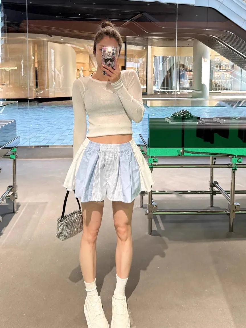 

Повседневная свободная юбка в полоску с цветовыми блоками, на эластичной талии, асимметричная, с высокой талией, короткая, тонкая, для повседневной носки