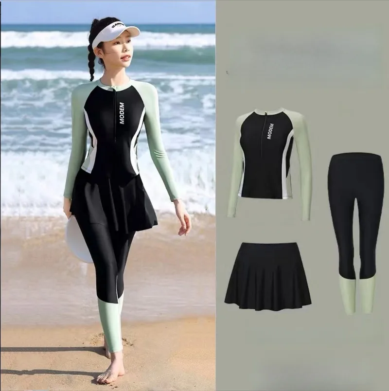 Summer Swimming Sun Protection Conservative Split Style Long Sleeved Pants Slim Fit Shaping Swimsuit Surfing and Diving Suit