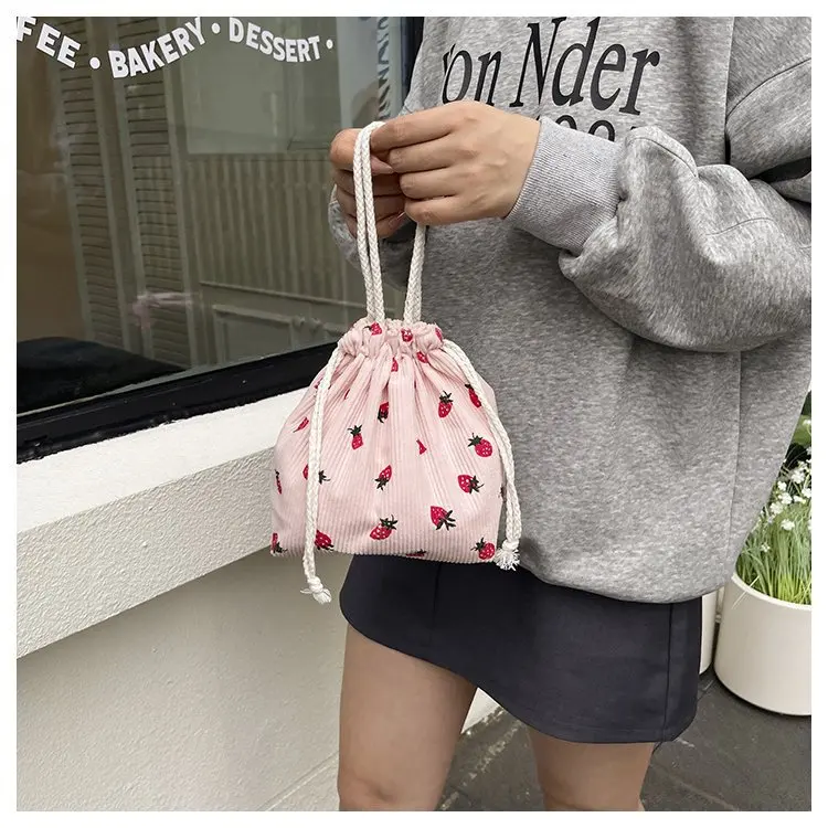 Corduroy Strawberry Print Underarm Bag, Fresh Simple Casual Shoulder Crossbody Bag, Cute Mini Daily Handbag for Girls Students