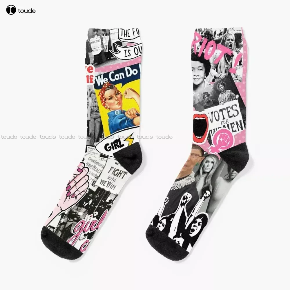 

Feminism Collage Feminist, Collage, Girl Power, Pink, Riot, Women Rights Socks Personalized Custom Unisex Adult Teen Youth Socks