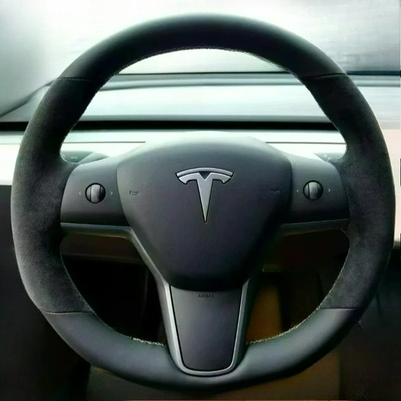 Hand-stitched renovation wear-resistant Non-slip black leather Two-color line car steering wheel cover For Tesla Model 3 ModelY