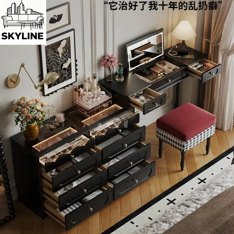 Retro solid wood master bedroom dresser chest cabinet integrated makeup table bedside storage cabinet retractable makeup table