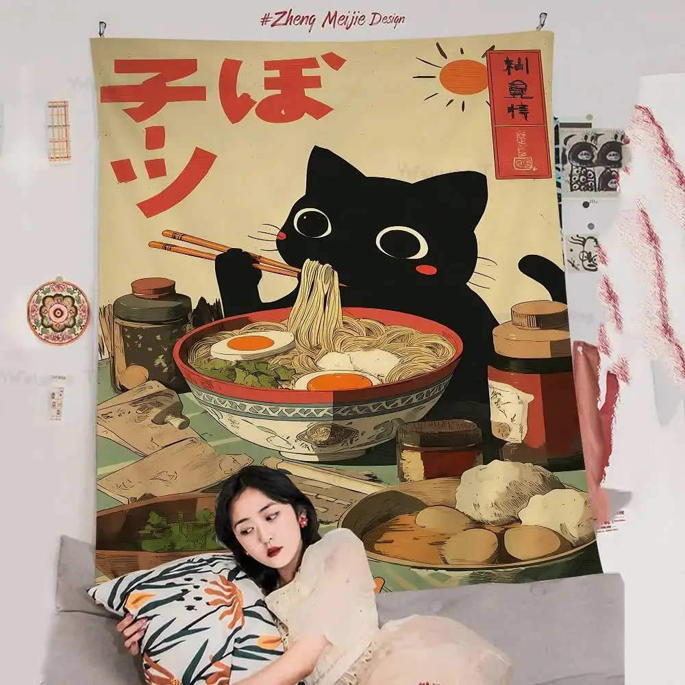 

Hot Style Kawaii Japanese Ramen Animal Cat Printed Large Wall Tapestry Cheap Hippie Wall Hanging Bohemian Mandala Home Decor
