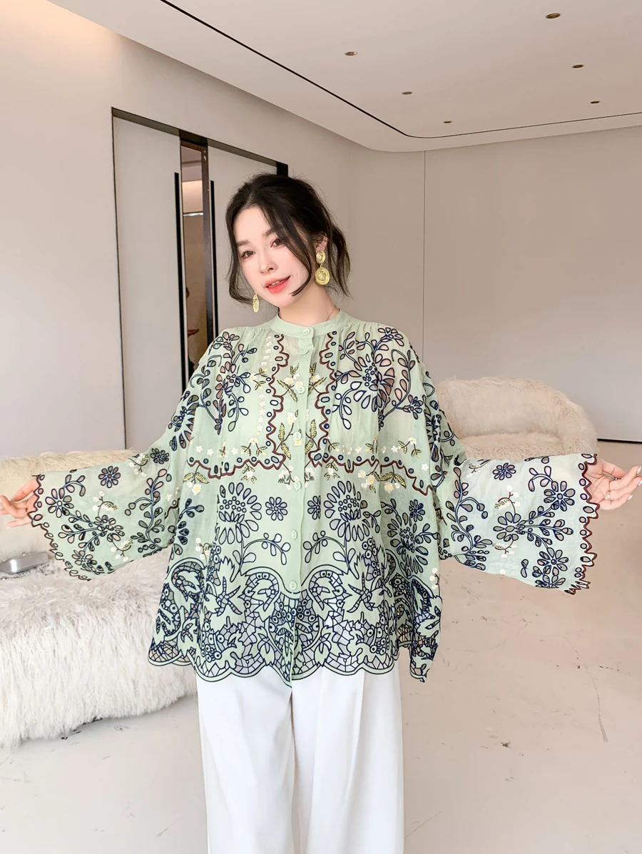 

High Quality Fashion Women's Mint Green Shirt Long Sleeve Loose Hollow Out Embroidered Cloak Top