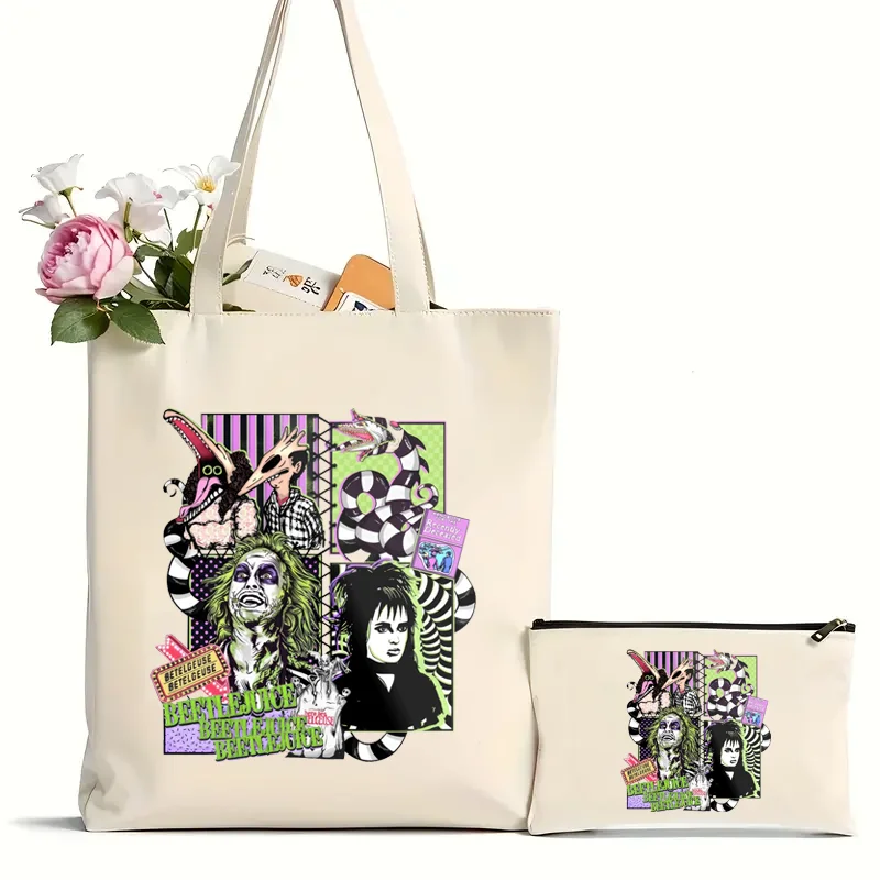 2Pcs Beetlejuice Print Tote Bag Trendy Canvas Shoulder Bag Casual Handbag Funny Halloween Graphic Bag