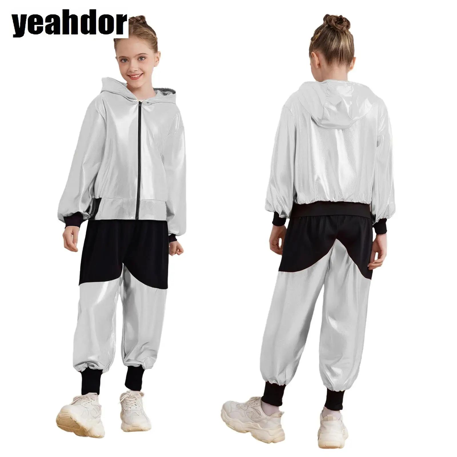 

Girls Boys Hip-Hop Jazz Dance Outfit Long Sleeve Zipper Metallic Hooded Jacket with Color Block Pants Jazz Clothes Streetwear
